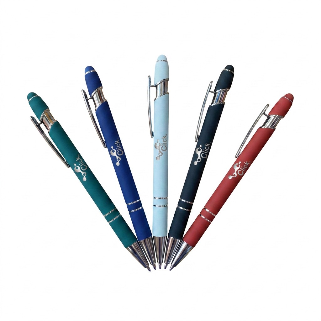 Caneta metálica com acabamento similar à borracha, acionamento por clique, carga esferográfica azul (1.0mm), Touchscreen para celulares e tablets, 1,5 x 14,1cm
CONSULTAR DISPONIBILIDADE DE CORES.